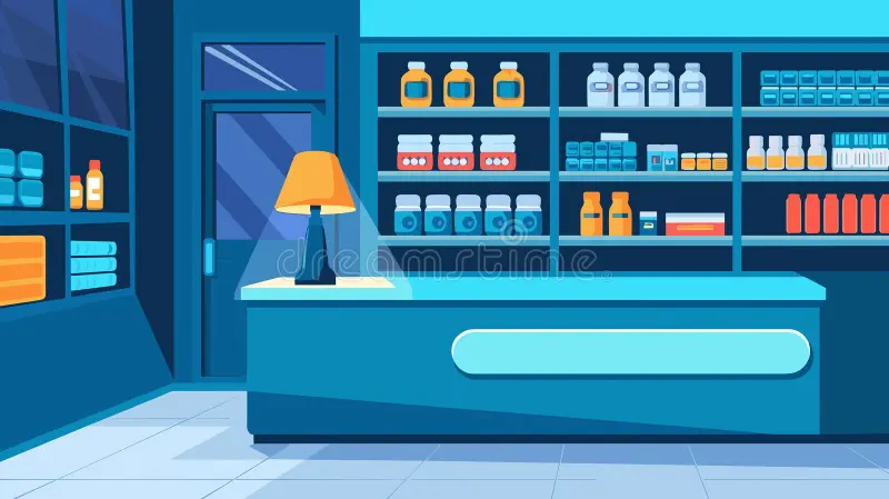Night Vector Pharmacy Store Interior Counter Illustration Retail Point Shelves Medicine Drug Antibiotic P Night 367849711